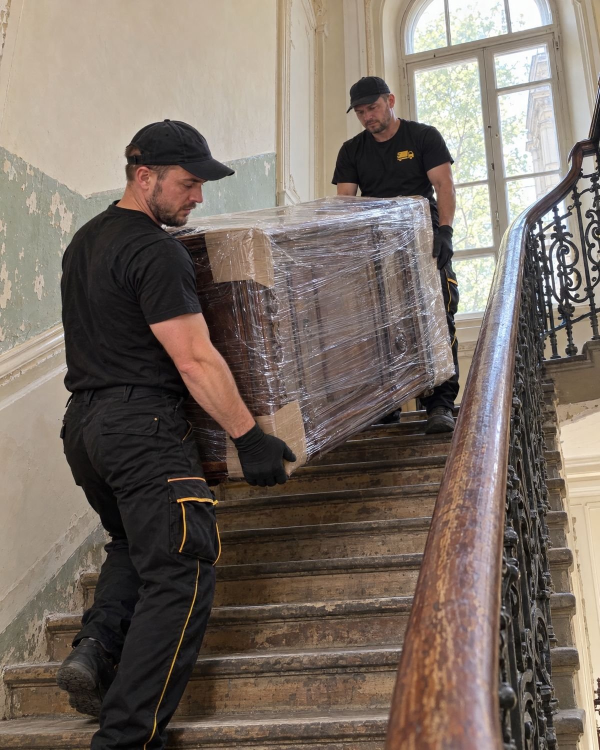 Вантажники зносять старовинний буфет сходами львівської кам’яниці